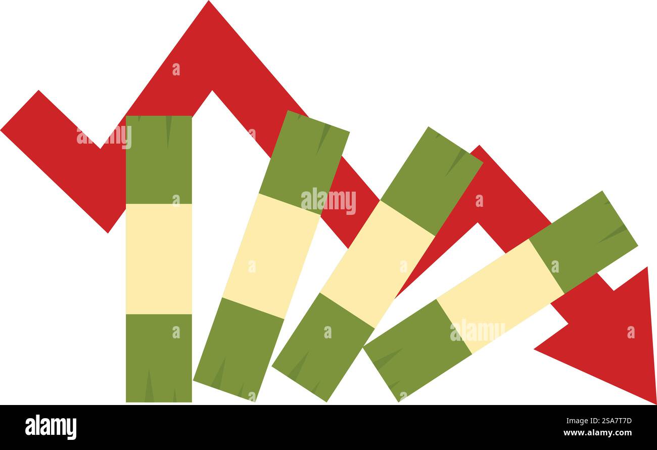 Una pila di banconote che cadono come un domino con un grafico a freccia rossa che scende, concetto di crisi finanziaria. Il grafico a freccia rossa scorre verso il basso attraverso una pila di banconote Illustrazione Vettoriale