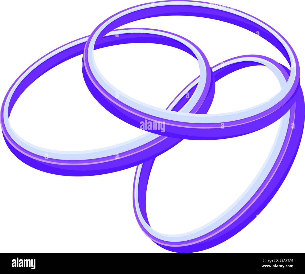 Tre anelli viola si sovrappongono creando una composizione astratta. Anelli viola che ruotano l'elemento di design dello sfondo astratto Illustrazione Vettoriale