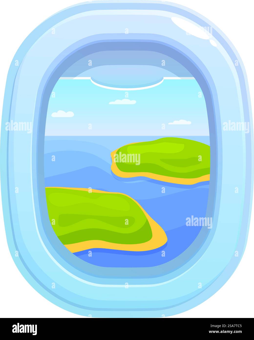 Vista dall'interno di un aereo che vola sopra un oceano tropicale con due isole sottostanti. Finestra dell'aereo che mostra le isole tropicali durante il volo Illustrazione Vettoriale