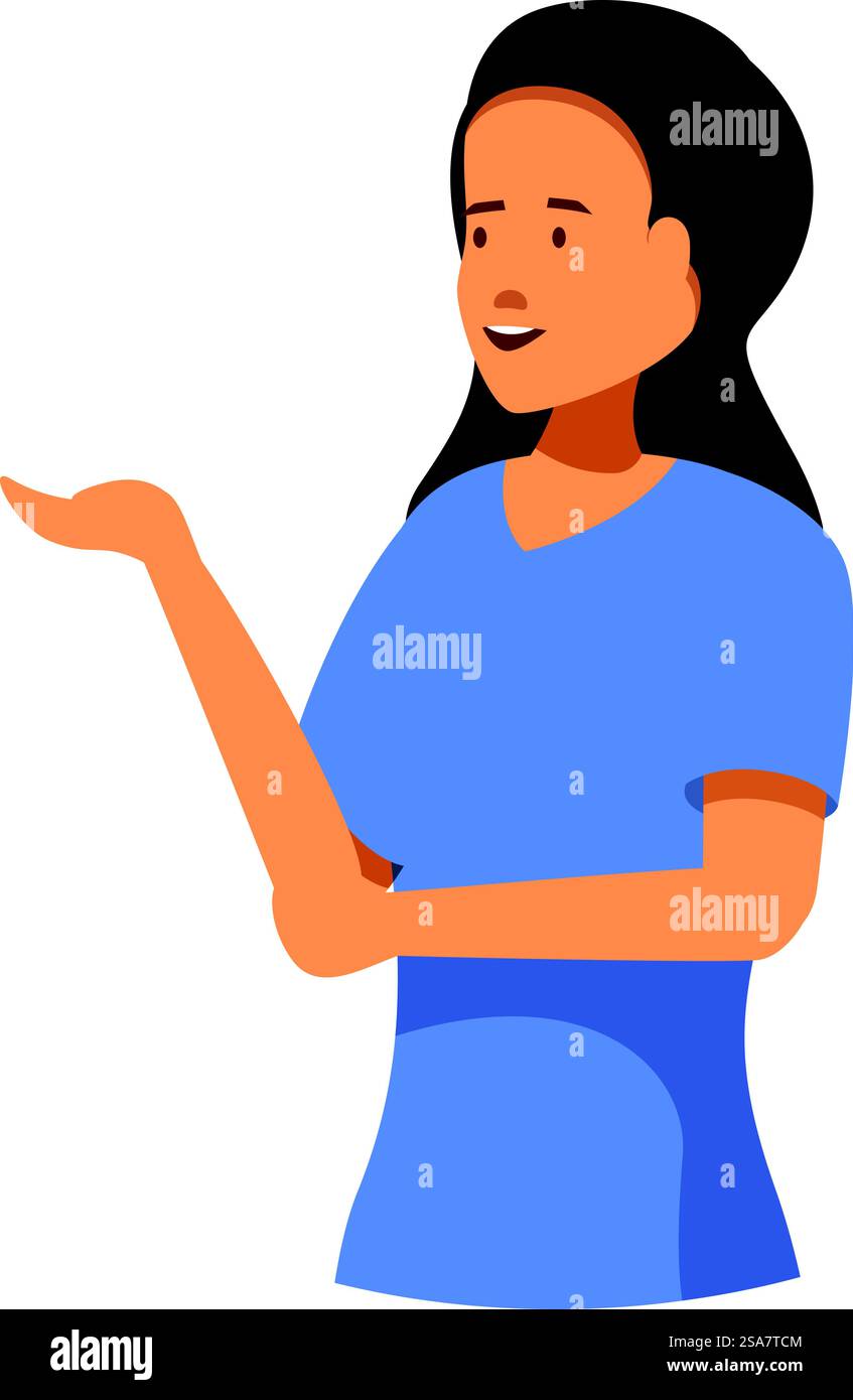 La giovane donna sorride e gesta con la mano per presentare qualcosa. Giovane donna che mostra e presenta qualcosa con la mano Illustrazione Vettoriale