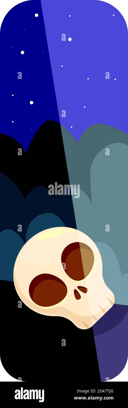 Segnalibro del cranio che giace sotto il cielo notturno con stelle e nuvole, concetto di lettura di halloween. Segnalibro verticale con un'illustrazione spettrale del cranio, perfetto per la lettura di halloween Illustrazione Vettoriale