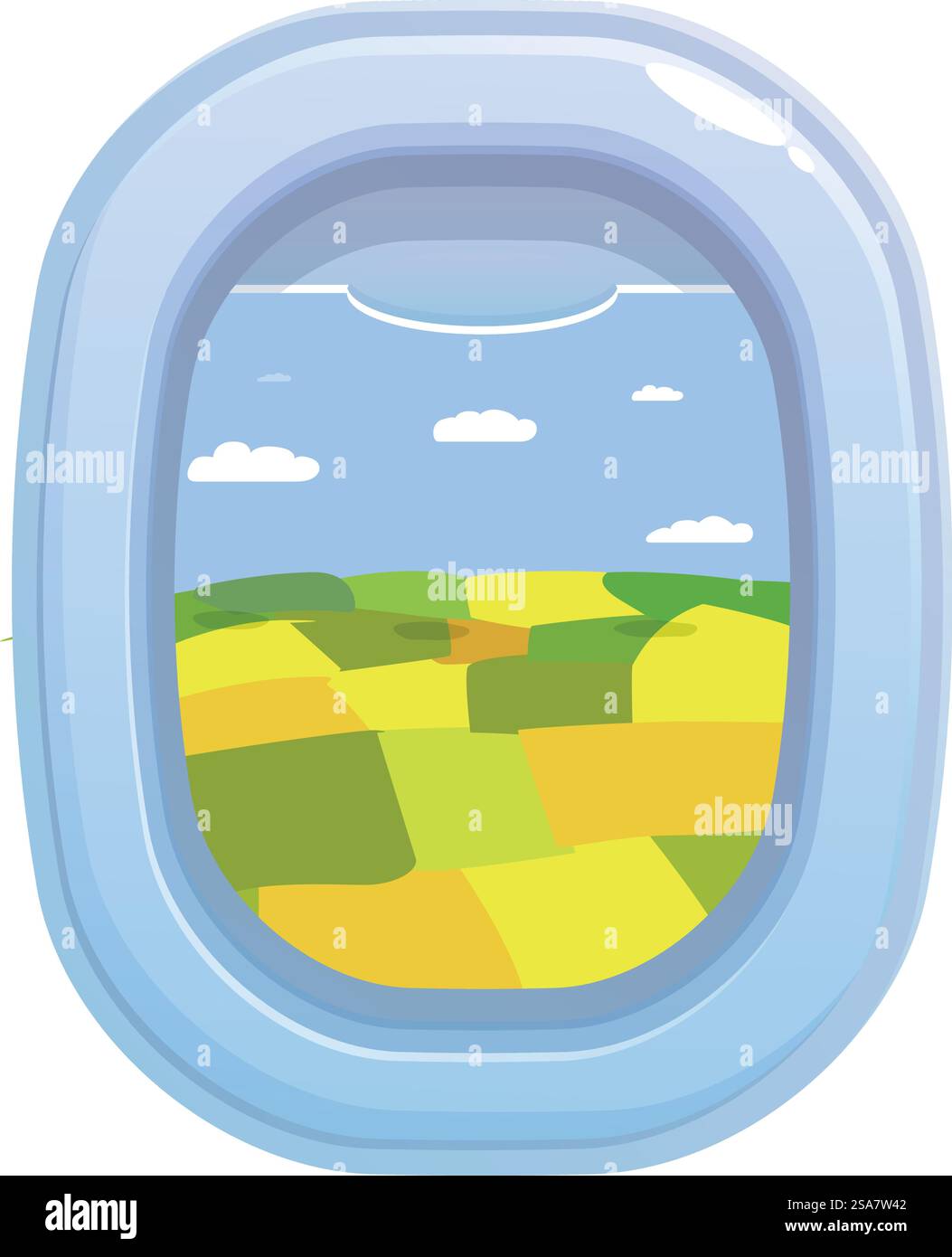 La finestra cartoon Airplane mostra i campi agricoli dall'alto con un cielo blu e soffici nuvole bianche. Finestra dell'aeroplano che mostra i campi dell'azienda dall'alto con cielo blu e nuvole Illustrazione Vettoriale