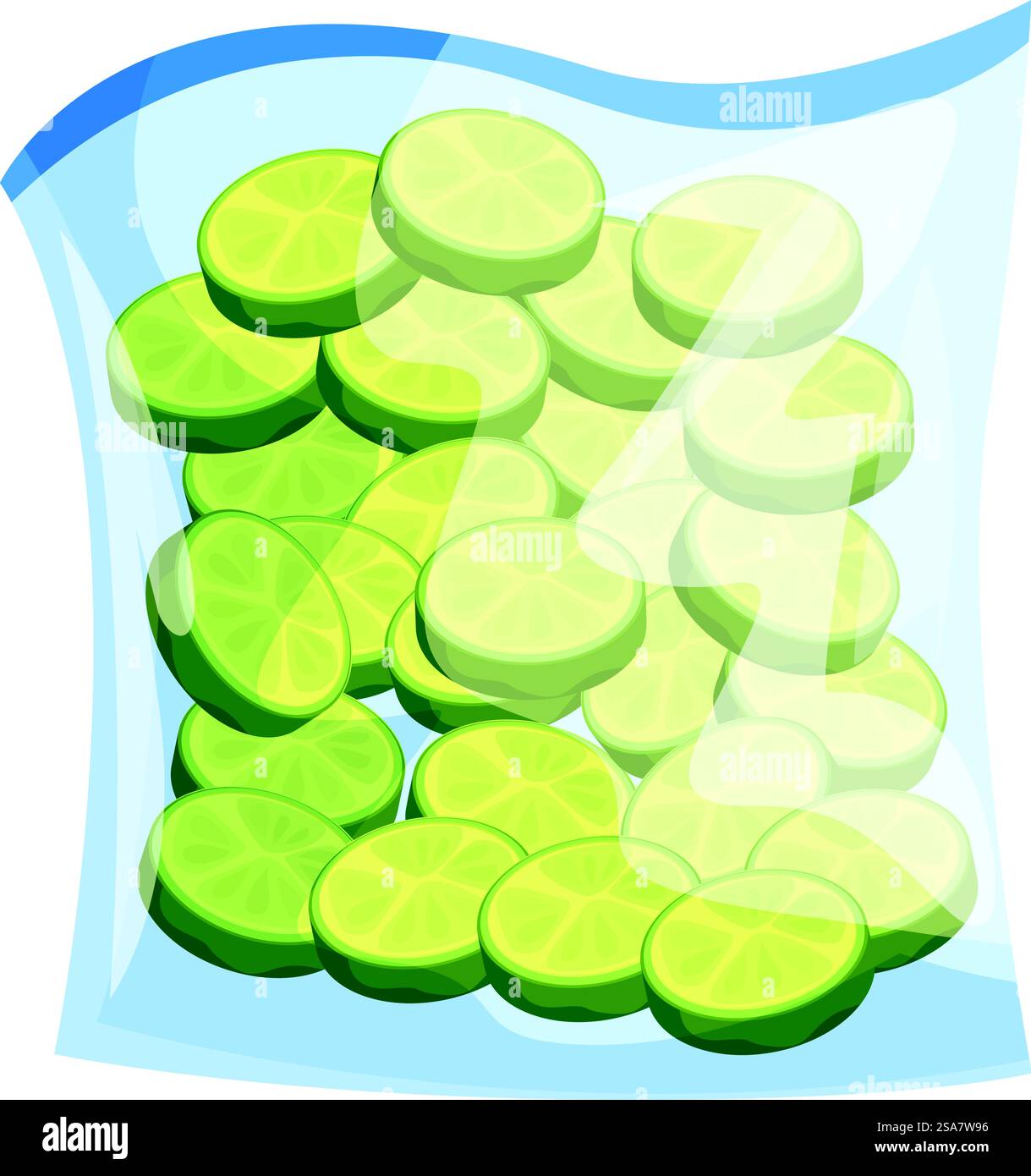 Il sacchetto in plastica sigillato sottovuoto è riempito con fette di lime fresche. Fette di calce confezionate sotto vuoto per una freschezza a lungo termine Illustrazione Vettoriale