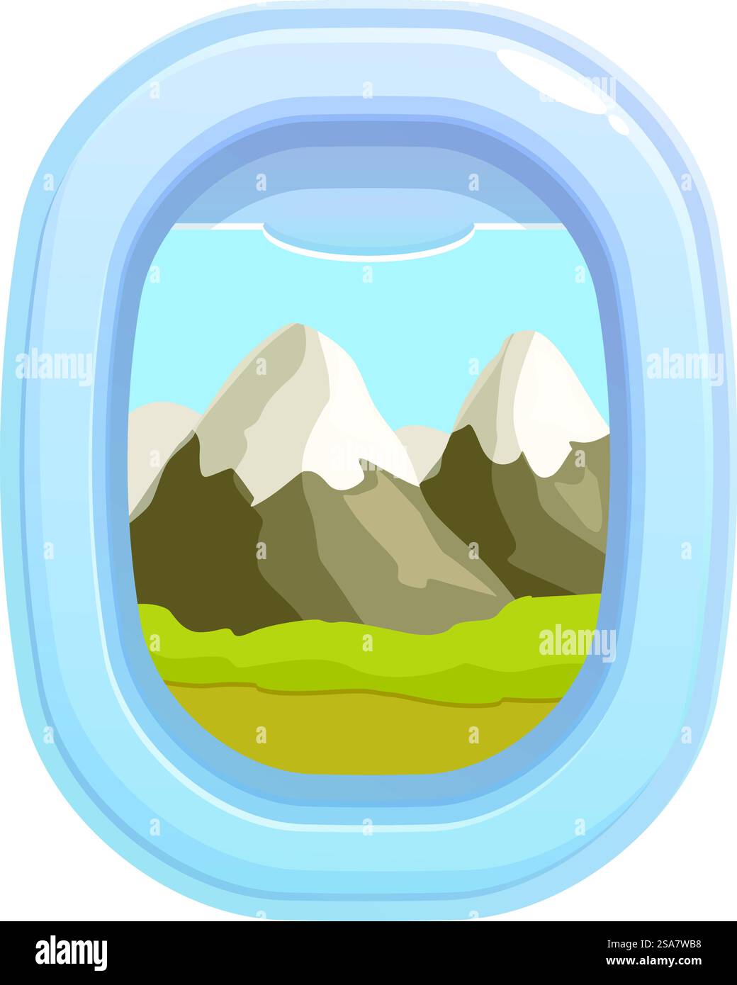 Vista di un bellissimo paesaggio montano con cime innevate dalla finestra di un aereo. Finestra dell'aereo che mostra il paesaggio montano con picchi innevati Illustrazione Vettoriale