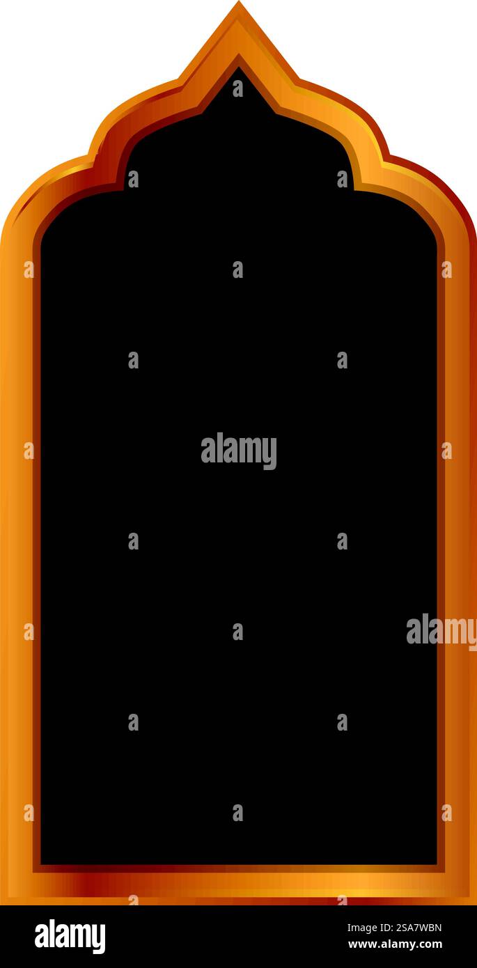 Sofisticata cornice dorata con un design arabo circonda uno spazio vuoto marrone scuro. Cornice della finestra in arabo dorato che offre un lussuoso spazio vuoto Illustrazione Vettoriale