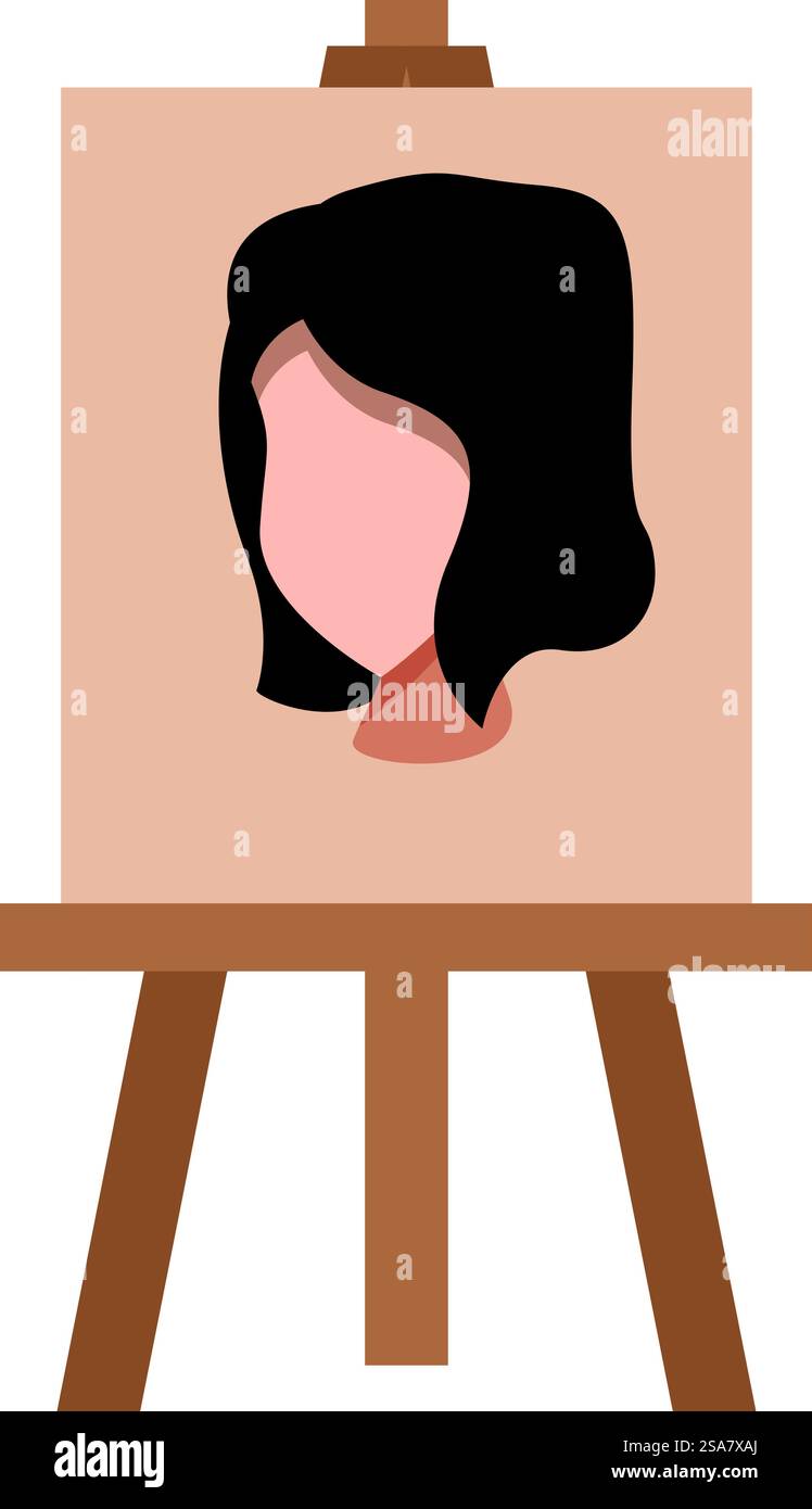 Cavalletto in legno con tela che presenta un dipinto incompiuto raffigurante una donna con i capelli marroni. Cavalletto in legno che regge tela che presenta dipinti raffiguranti una donna Illustrazione Vettoriale