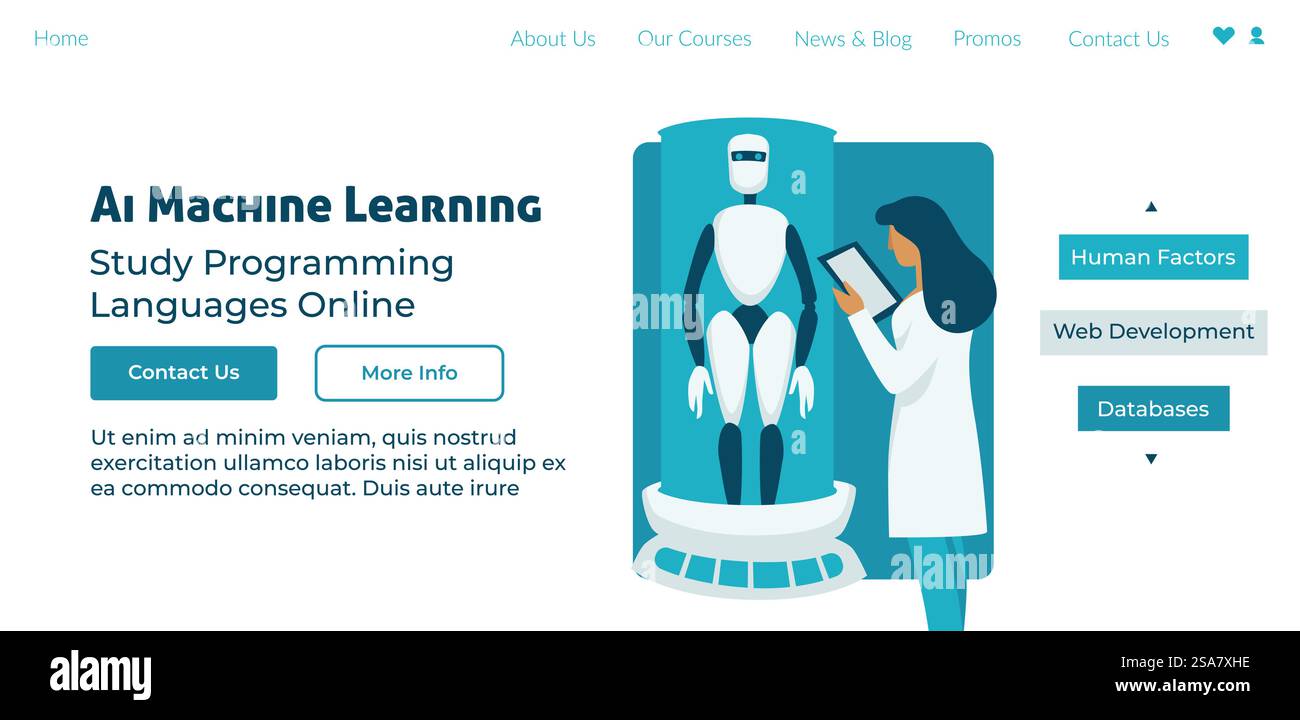 Studiate i linguaggi di programmazione e l'apprendimento automatico dell'intelligenza artificiale online. Istruzione e corsi per principianti, acquisizione delle competenze per il lavoro. Modello di landing page del sito Web, sito Internet. Vettore in stile piatto. Apprendimento automatico dell'INTELLIGENZA ARTIFICIALE, studio dei linguaggi di programmazione Illustrazione Vettoriale