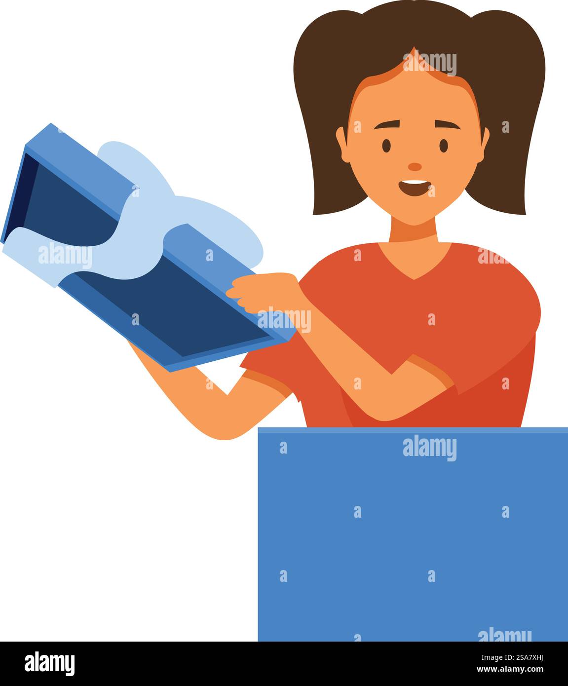 Giovane donna che getta il vecchio notebook nel cestino di riciclaggio, smaltimento dei rifiuti elettronici, e concetto di gestione dei rifiuti. Una giovane donna sta gettando il vecchio notebook nel cestino di riciclaggio Illustrazione Vettoriale