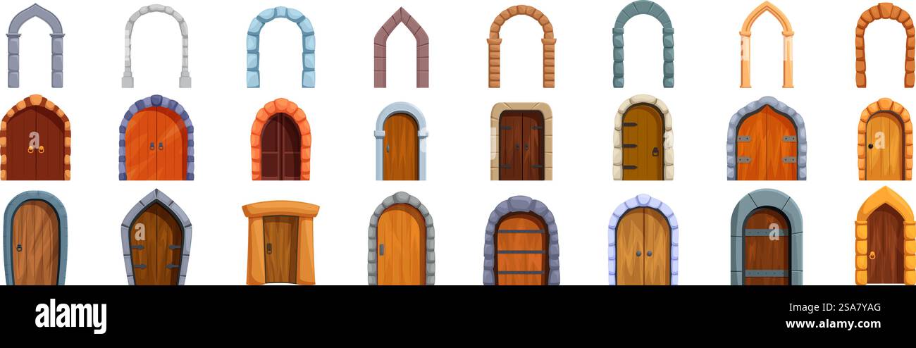 Set di icone ad arco in pietra. Set di porte e archi medievali che mostrano stili e materiali diversi, adatti per le risorse di gioco o per il libro di storia. Set di icone ad arco in pietra. Serie di porte e archi medievali che mostrano stili e materiali diversi Illustrazione Vettoriale