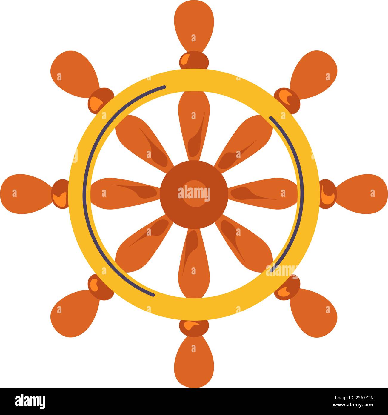 Volante dell'imbarcazione, parte isolata del recipiente in legno. Viaggio e avventura, pirata e tema marino. Viaggi e gite in barca. Navigazione e controllo della nave. Immagine vettoriale in stile piatto. Volante pirati, parte di pannelli in legno vettoriale Illustrazione Vettoriale