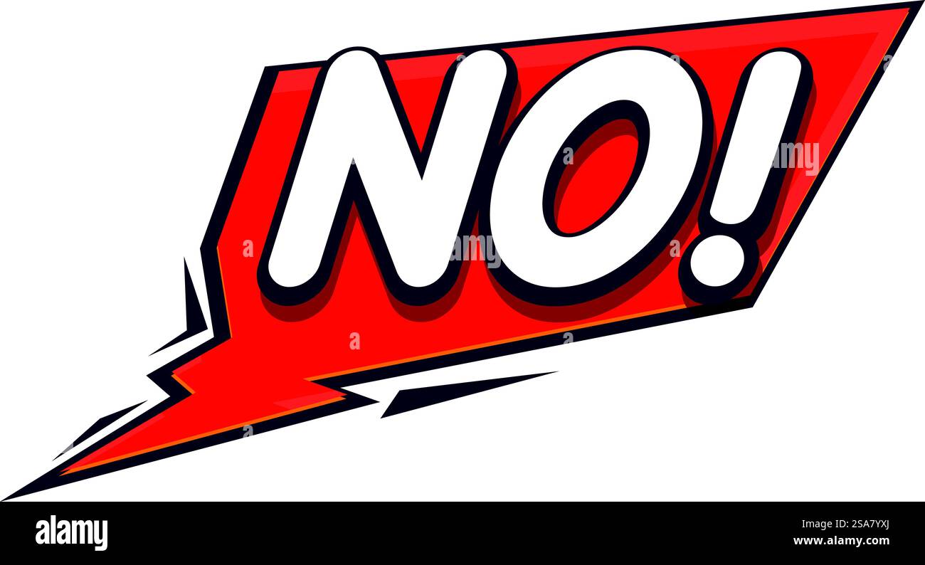 Grande bolla rossa in stile fumetto con la parola "no" che esprime il rifiuto. La bolla rossa grande senza fumetti dice di no Illustrazione Vettoriale