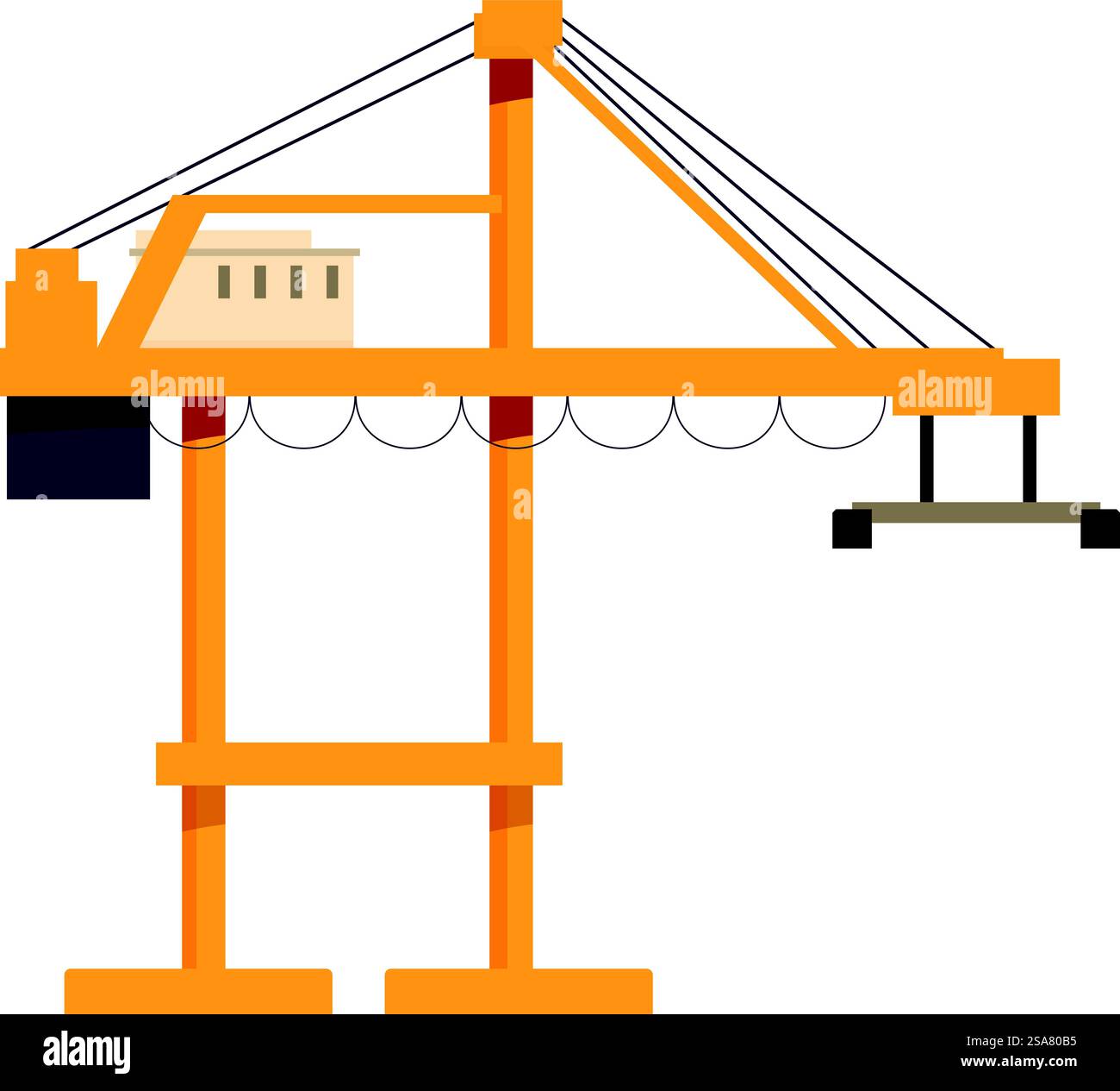 Illustrazione con una grande gru portuale gialla che solleva un container, appoggiato su uno sfondo bianco pulito. Grande gru portuale gialla che solleva il contenitore di carico isolato su sfondo bianco Illustrazione Vettoriale