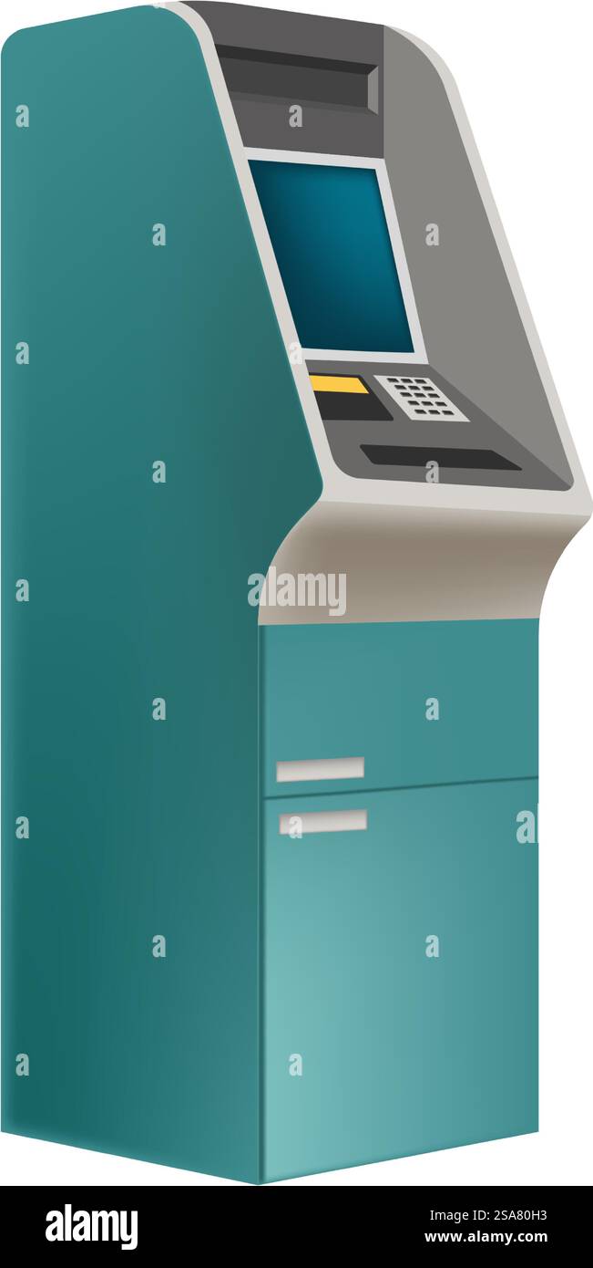 Bancomat automatizzato per mettere e prelevare contanti dal conto o dalla carta di credito. Sistema ATM isolato, tecnologie bancarie per transazioni rapide. Cashpoint con monitor. Vettore in stile piatto. Bancomat automatico, sistemi bancari Illustrazione Vettoriale