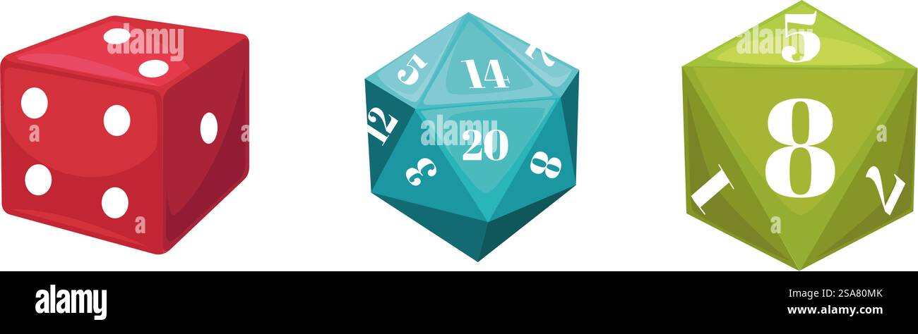 Cubi di giochi da tavolo e RPG con numeri, oggetti isolati e oggetti per giocare e divertirsi. Diversi tipi e assortimento di attività e interazioni di gioco. Immagine vettoriale in stile piatto. Cubi di gioco per giocare a videogame, rpg e tabellone Illustrazione Vettoriale