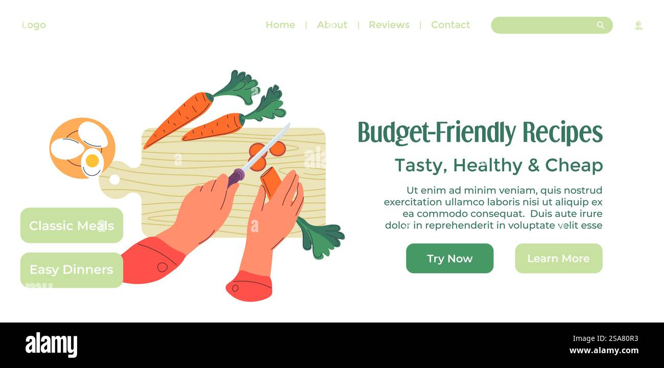 Ricette gustose, salutari ed economiche per tutta la famiglia. Provate ora i piatti classici e le cene facili per colazione o pranzo. Modello di landing page del sito Web, sito Internet. Vettore in stile piatto. Ricette economiche, gustose, salutari ed economiche Illustrazione Vettoriale