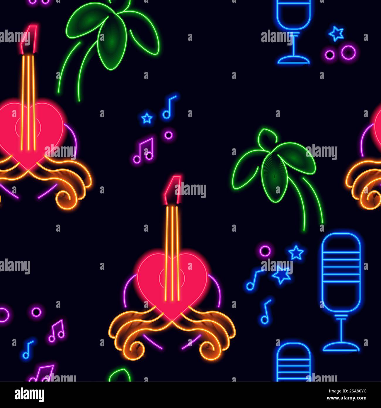 Bar karaoke segni e simboli al neon, strumenti musicali isolati e palme, vecchio microfono vintage. Intrattenimento notturno. Motivo, sfondo o stampa senza cuciture. Vettore in stile piatto. Vita notturna e intrattenimento, karaoke bar print Illustrazione Vettoriale