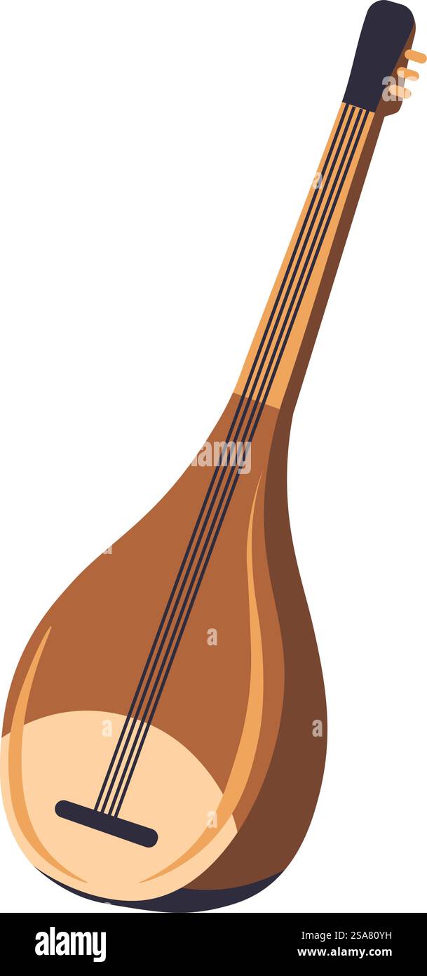 Baglama strumento musicale turco a corde per suonare musica ed esibirsi per intrattenimento. Corpus di woodel isolato, tradizioni Turkiye e cultura nazionale, liuto. Vettore in stile piatto. Strumento musicale turco pizzicato vettore baglama Illustrazione Vettoriale