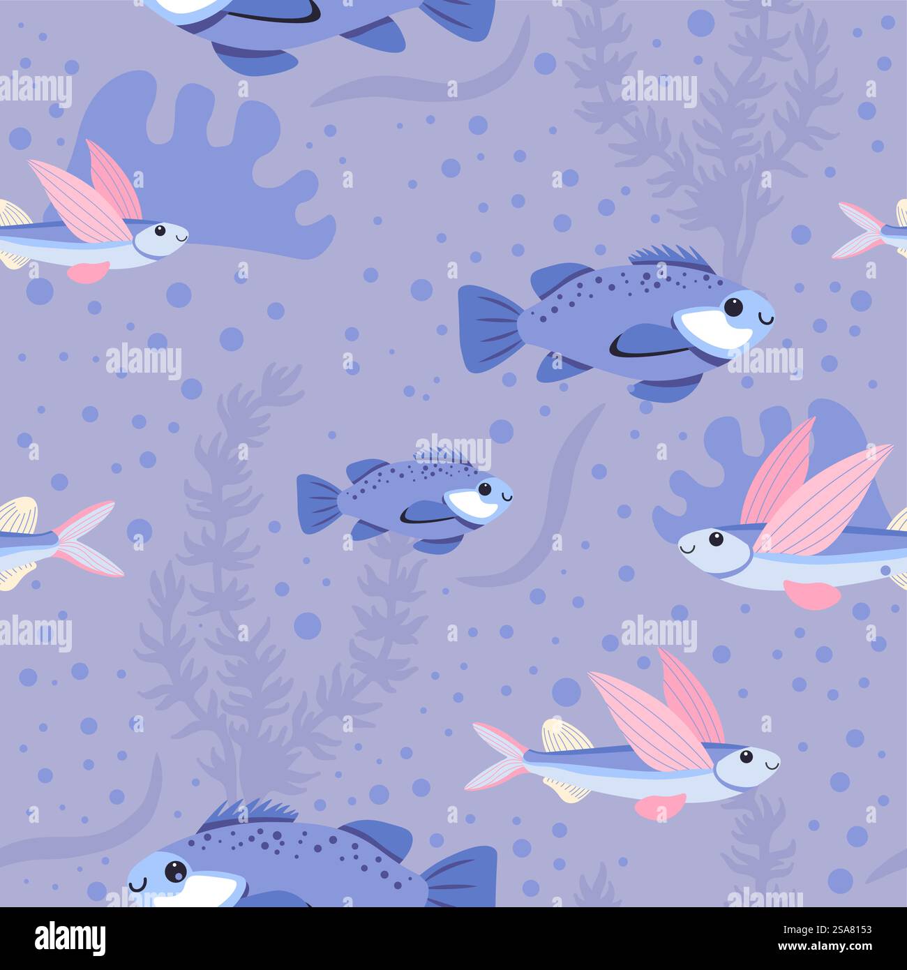 Abitanti sottomarini o oceanici, specie esotiche di pesci, alghe e fogliame. Animali domestici dell'acquario per proprietari di case, natura e natura selvaggia. Stampa di motivi, sfondo o sfondo senza interruzioni. Vettore in stile piatto. Specie esotiche di pesci, alghe marine sott'acqua Illustrazione Vettoriale