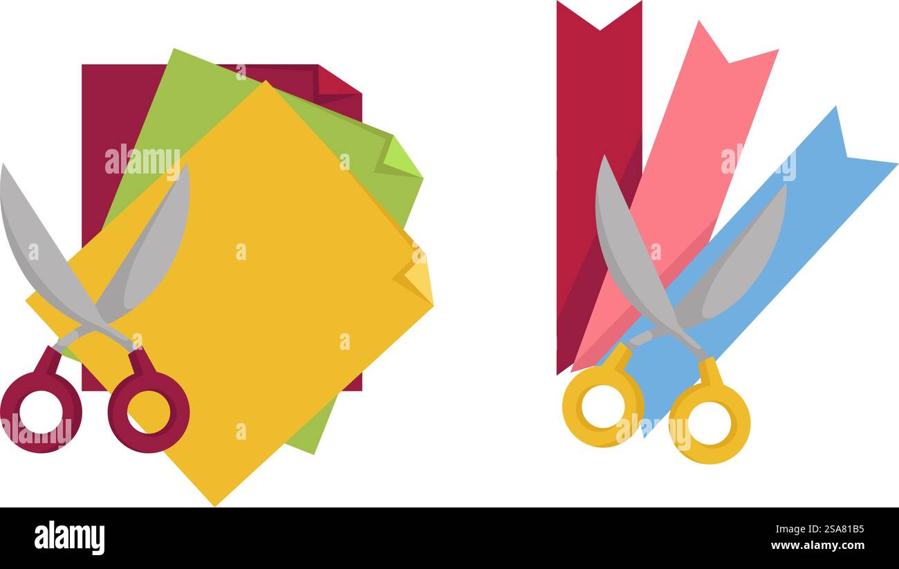 Lezioni e lezioni di arte del taglio della carta, laboratori di artigianato isolato e di prodotti artigianali. Forbici e pagina con angoli sagomati. Miglioramento delle competenze in materia di istruzione e creatività. Vettore in stile piatto. Oggetti artigianali e oggetti fatti a mano in carta vettoriale Illustrazione Vettoriale