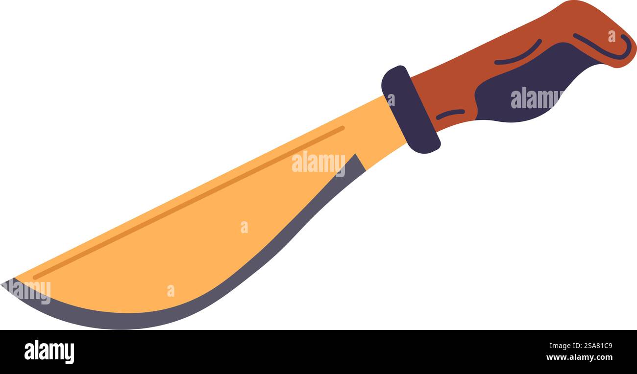 Pugnale o coltello con lama larga affilata e manico in legno o plastica. Strumenti e strumenti isolati per viaggiare e sopravvivere nella natura selvaggia. Oggetto da taglio. Vettore in stile piatto. Coltello con impugnatura piccola e lama affilata vettoriale Illustrazione Vettoriale