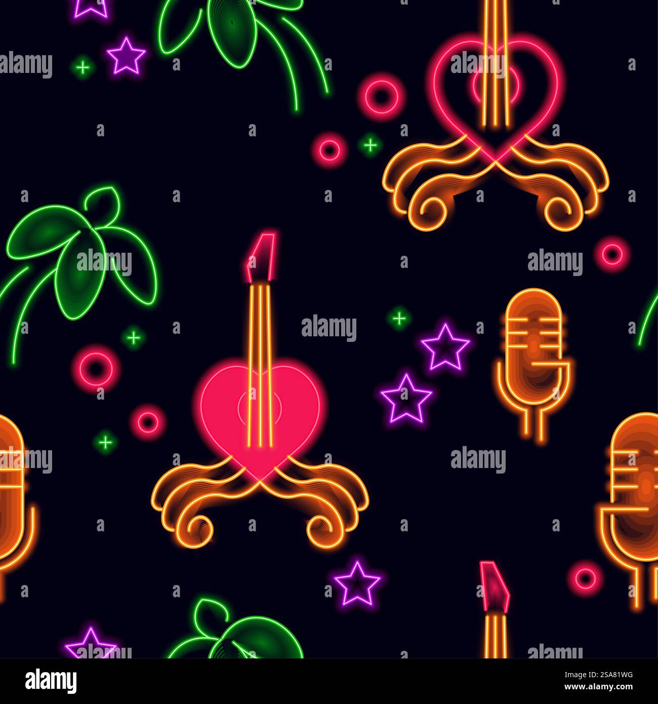 Insegne al neon e simboli della vita notturna o del karaoke. Vecchio microfono retrò e palma, strumento a corda per violino. Motivo, sfondo o stampa senza cuciture. Immagine vettoriale in stile piatto. Locali notturni o bar, insegna al neon Illustrazione Vettoriale