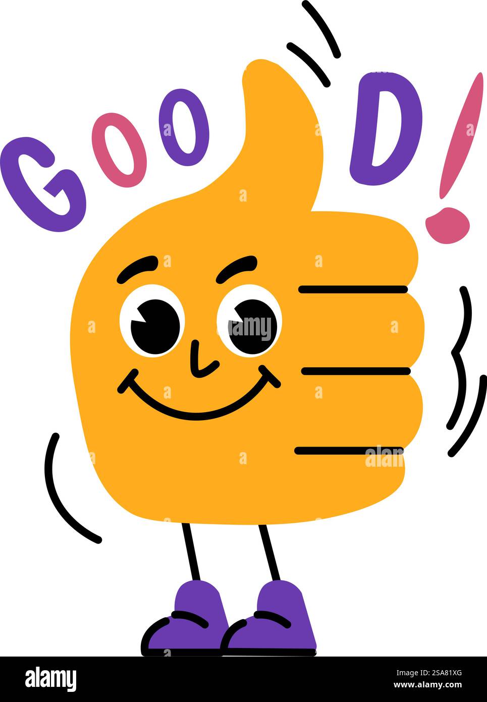 Allegro personaggio della mano con un buon gesto. Affermazione positiva sotto forma di alzare il pollice, approvazione o segno di espressione simile. Emoji o emoticon, adesivo o personage. Vettore in stile piatto. Personage a mano con espressione "thumb-up" e adesivo Illustrazione Vettoriale