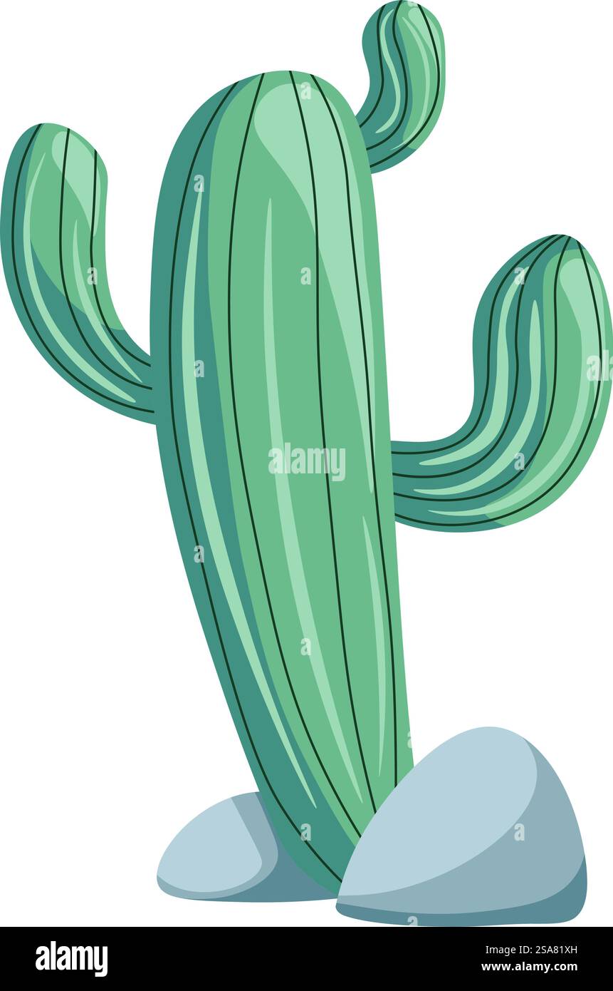 Flora e vegetazione del deserto e del Messico, cactus isolati con spine poste da rocce. Natura e paesaggi di fauna selvatica, fiori e botanica del selvaggio West. Immagine vettoriale in stile piatto. Cactus nel deserto, nella flora e nella vegetazione del Messico Illustrazione Vettoriale