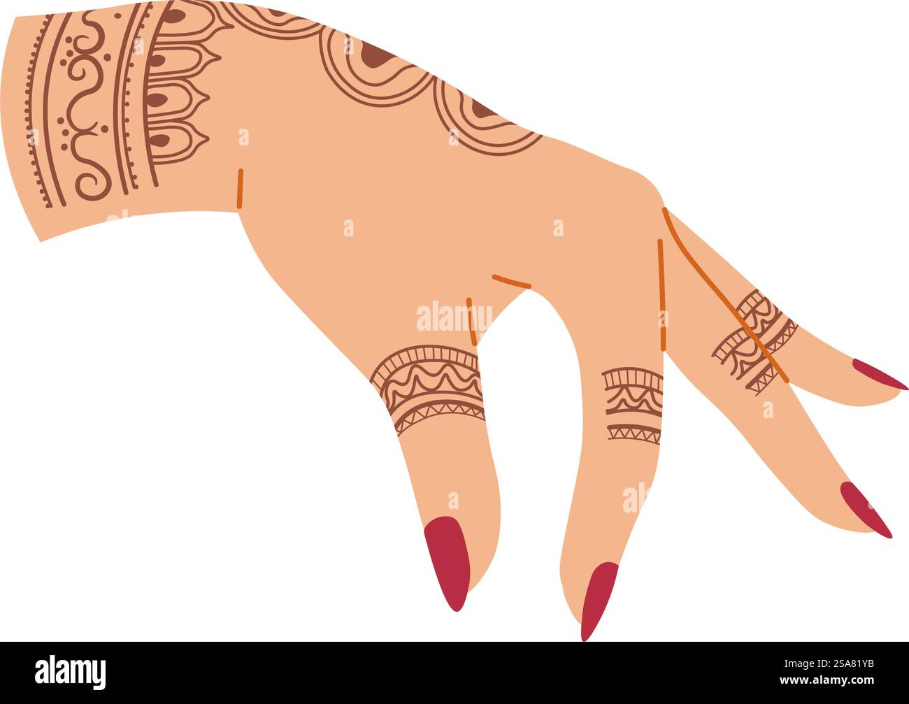 Mano femminile con disegno o disegno tatuaggio all'henné, braccio donna isolato con ornamenti e motivi geometrici e naturali. Polvere di arbusti tropicali, cultura e tradizioni orientali. Vettore in stile piatto. Mano di carattere femminile con vettore tatuaggio all'henné Illustrazione Vettoriale