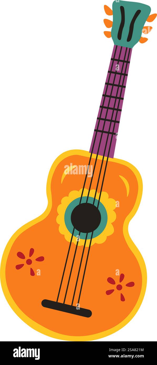 Chitarra acustica in legno per chitarristi e suonatori di flamenco messicani. Strumento musicale isolato con corde e corpus dipinto con fiori e decorazioni decorative. Vettore in stile piatto. Chitarre acustiche messicane per suonatori di flamenco Illustrazione Vettoriale Chitarra acustica in legno per chitarristi e suonatori di flamenco messicani. Strumento musicale isolato con corde e corpus dipinto con fiori e decorazioni decorative. Vettore in stile piatto. Chitarre acustiche messicane per suonatori di flamenco Illustrazione Vettoriale