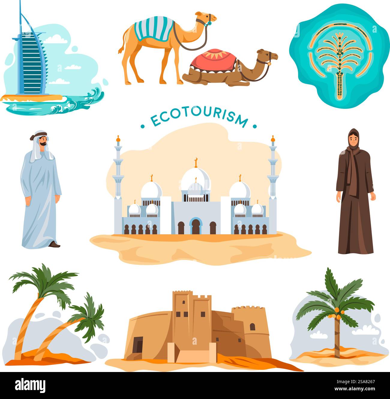 Ecoturismo e viaggi negli Emirati Arabi Uniti. Architettura e cittadini che indossano abiti tradizionali. Grattacieli e cammelli, isole e palme con noci di cocco, natura e città. Vettore in stile piatto. Ecoturismo nei paesi arabi, Emirati Arabi Illustrazione Vettoriale