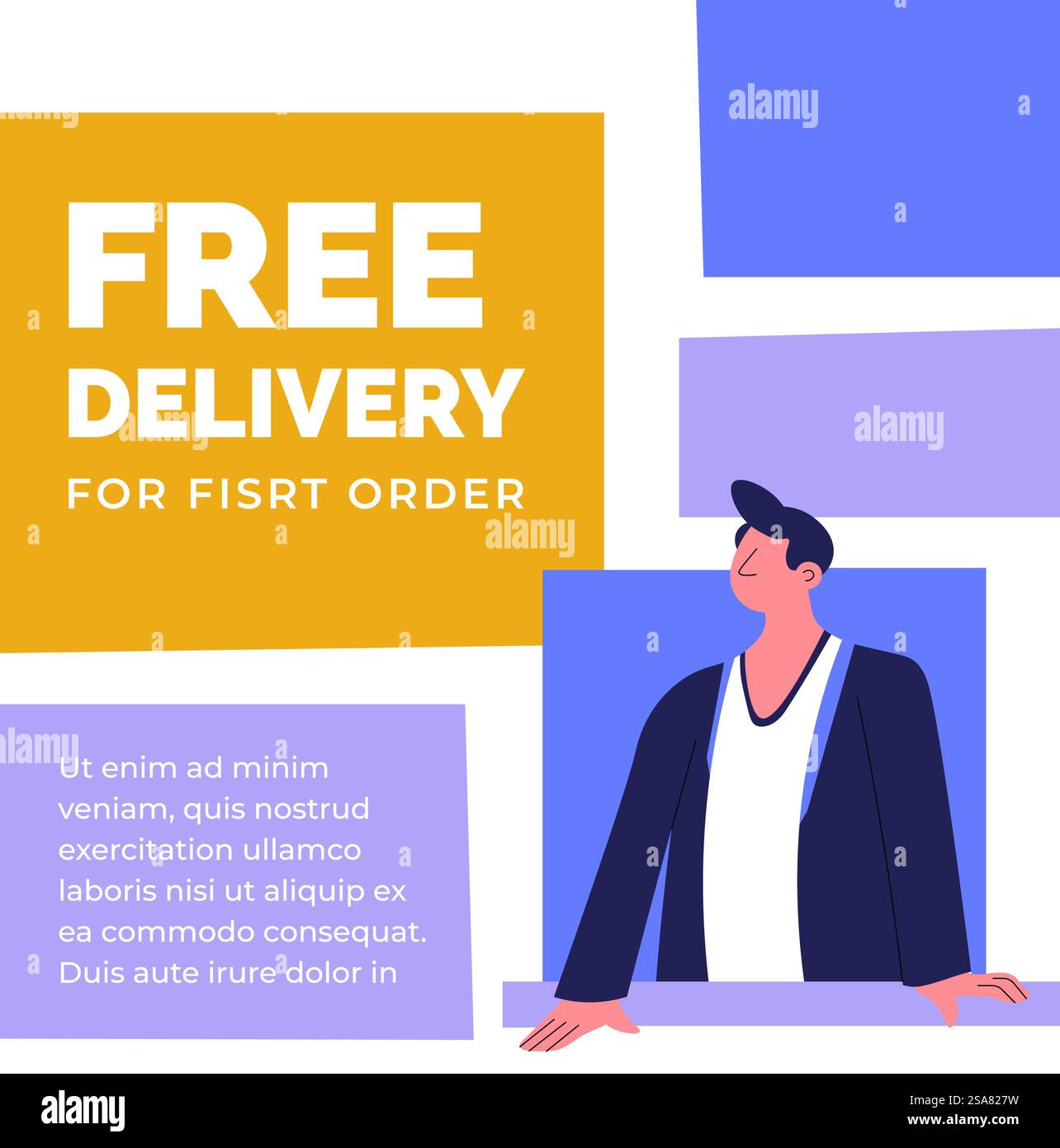 Consegna gratuita per il primo ordine, uomo d'affari o venditore che lavora nella vendita di prodotti per i clienti. Lavoratore in tuta, proprietario o leader. Banner promozionale, vettore pubblicitario in stile piatto. Consegna gratuita per i primi ordini, banner promozionali Illustrazione Vettoriale