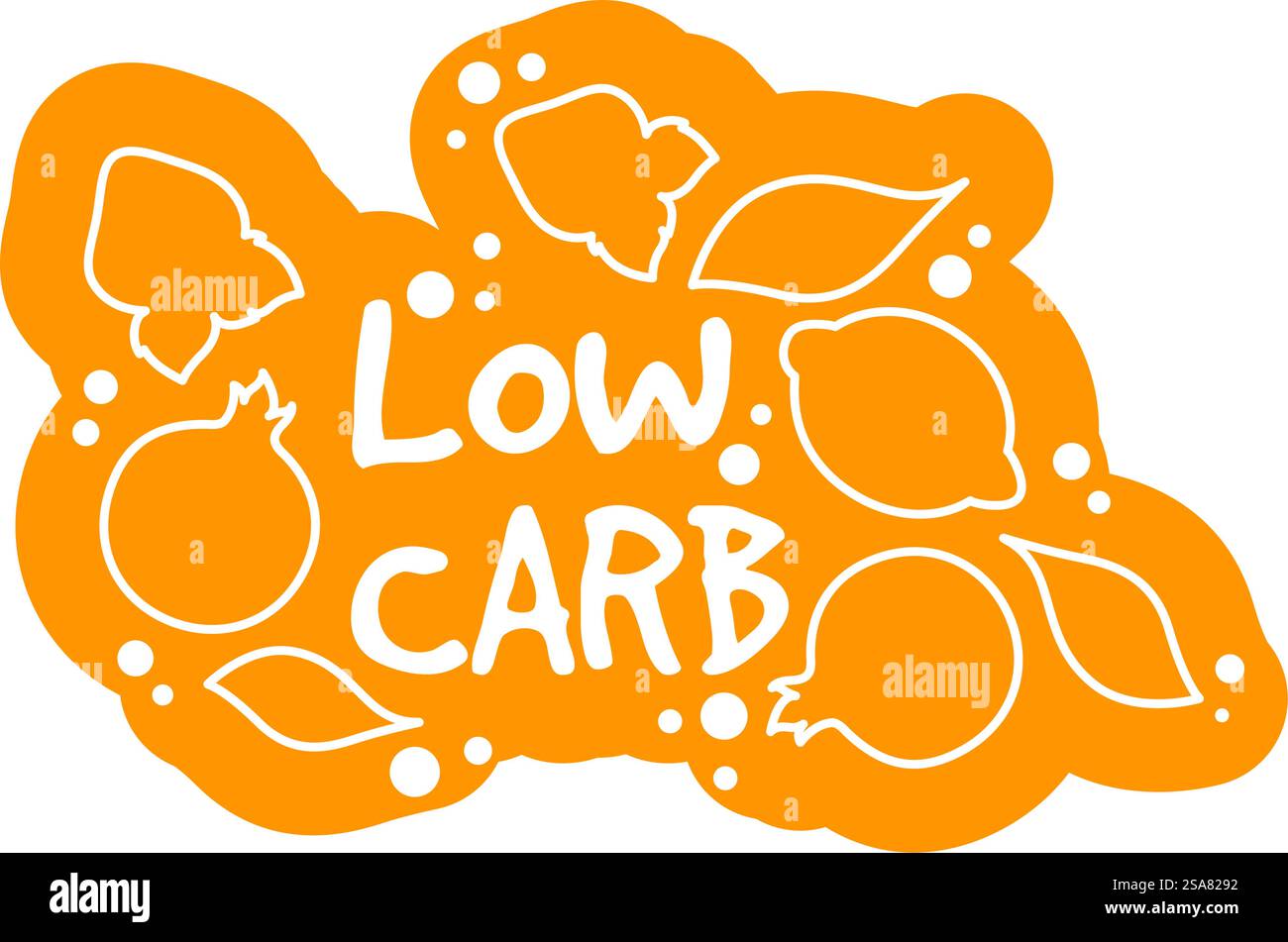 Alimentazione sana, ingredienti biologici e pasti a basso contenuto di carte e piatti per dieta e nutrizione equilibrio. Icona con limone e melograno. Etichetta o emblema per confezione, banner promozionale. Vettore in stile piatto. Pasto e piatti a basso contenuto di carboidrati, vettore di prodotti sani Illustrazione Vettoriale