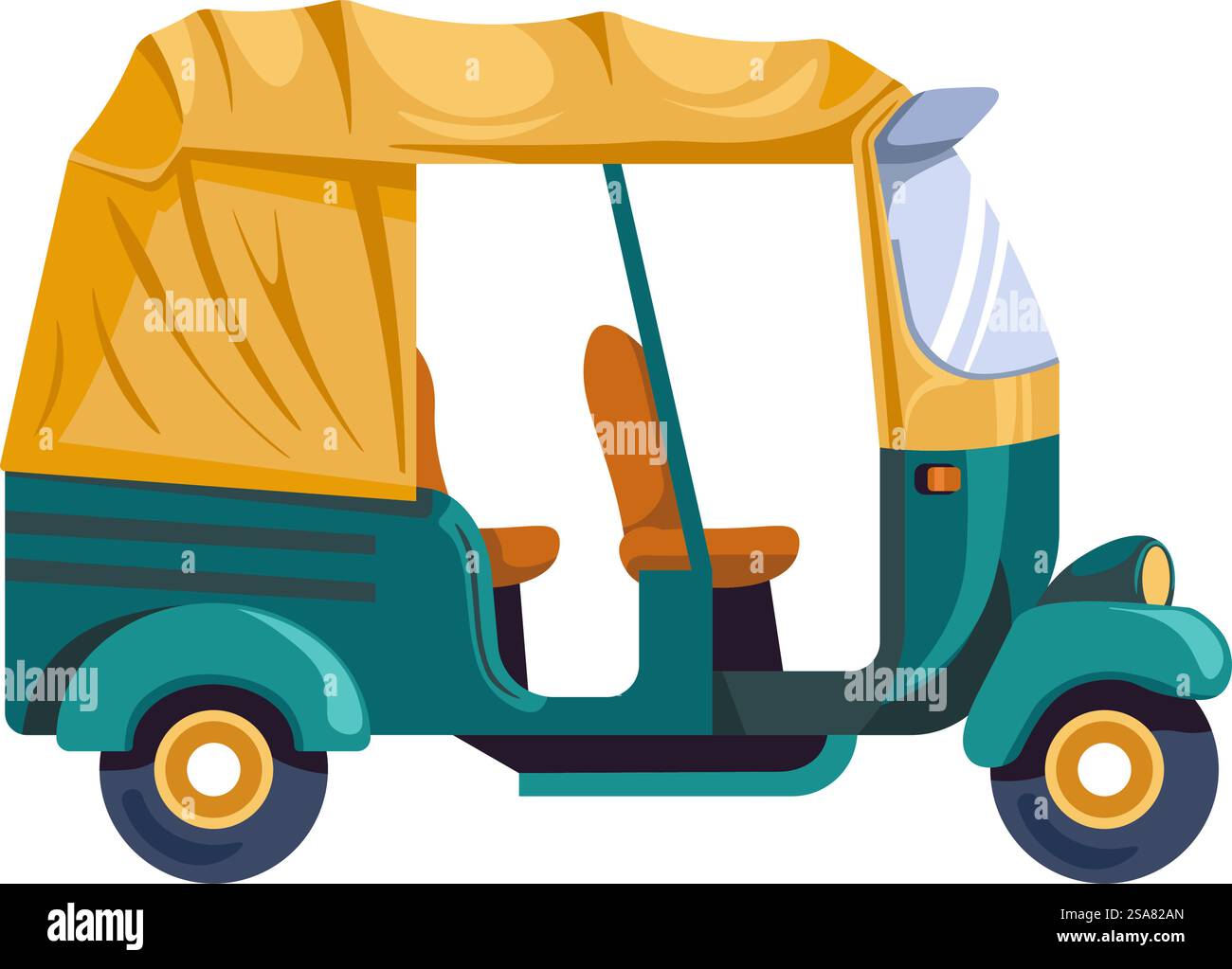 Piccolo autobus turistico per viaggiatori in paesi esotici. Veicolo isolato con due sedili per conducente e passeggero. Automobile con ruota e copertura protettiva contro il sole o la pioggia. Vettore in stile piatto. Esotici taxi di campagna, piccoli veicoli o trasporto in autobus Illustrazione Vettoriale