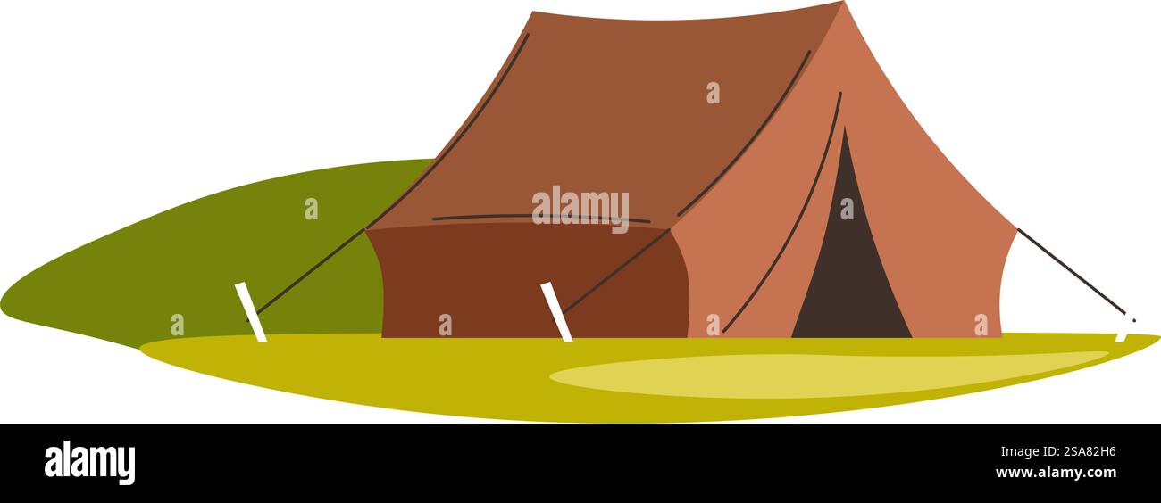 Tenda per campeggio e per dormire all'aperto, posto isolato per i viaggiatori e i turisti. Escursioni e viaggi, vacanze e riposo all'aperto. Prato e ambiente naturale. Vettore in stile piatto. Escursioni e viaggi all'aperto, tenda da campeggio Illustrazione Vettoriale