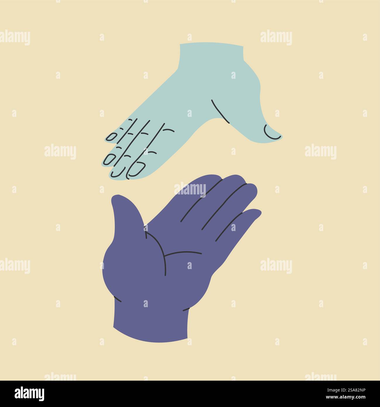 Le persone si avvicinano a vicenda, mani isolate di personaggi che danno o prendono gesti. Personaggi di saluto o di interazione, palmo di un uomo o di una donna. Apertura e comunicazione. Vettore in stile piatto. Mani che tengono, danno o prendono il vettore del gesto Illustrazione Vettoriale