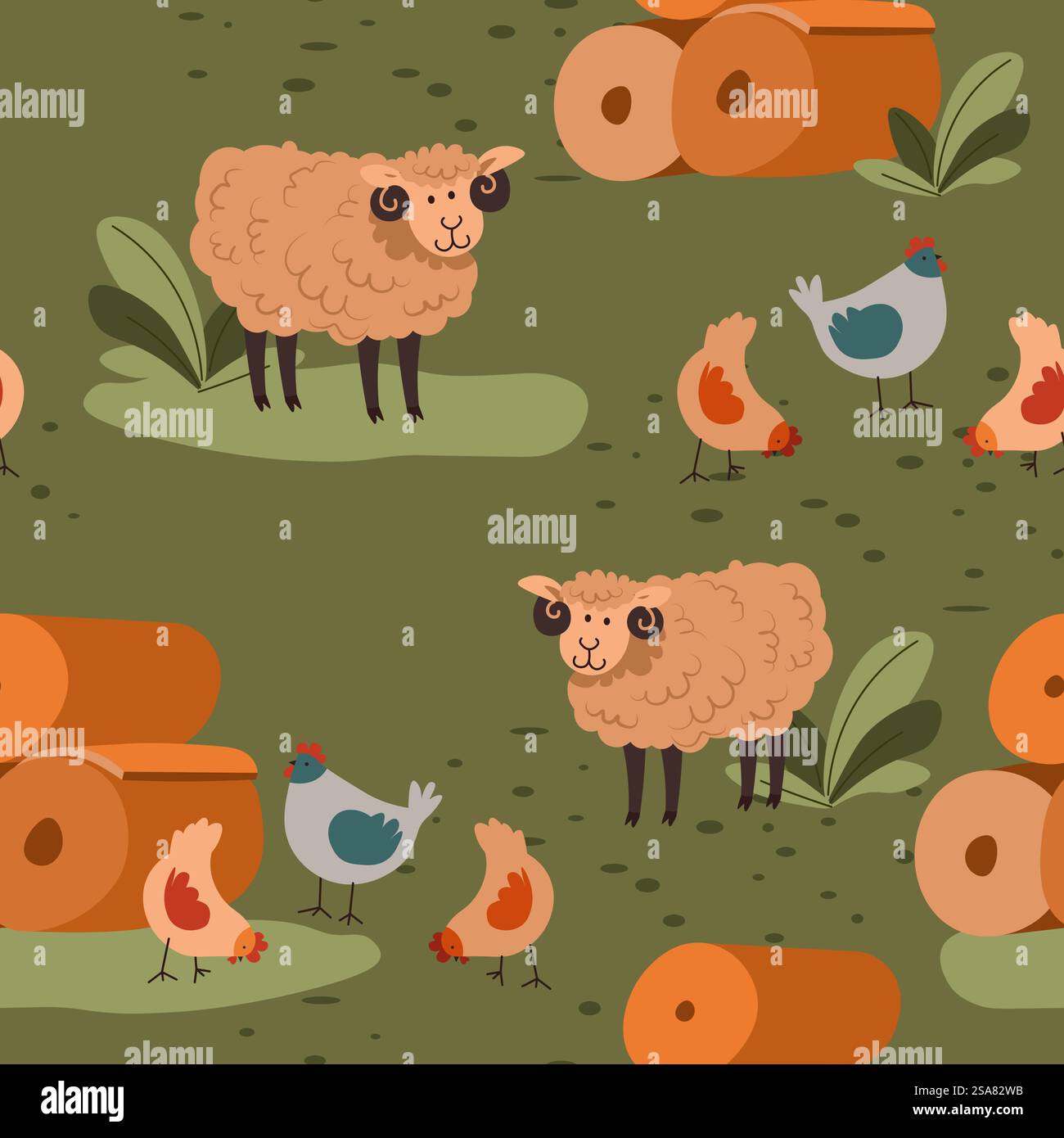 Allevamento e allevamento di animali, ovini e polli in campo con fieno e erba. Agricoltura e produzione ecologica agricola. Stampa di motivi, sfondo o sfondo senza cuciture. Vettore in stile piatto. Pecore e pollo sul campo, motivi senza cuciture Illustrazione Vettoriale