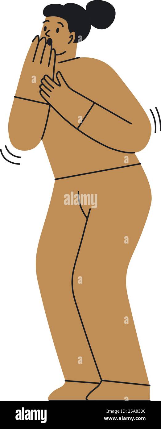 Donna sorpresa che copre la bocca con il gesto della mano. Personalità femminile isolata che mostra emozione o sensazione di sorpresa e reazione inaspettata. Vettore dei caratteri dei cartoni animati in un'illustrazione in stile piatto. Personaggio femminile che esprime emozioni a sorpresa Illustrazione Vettoriale