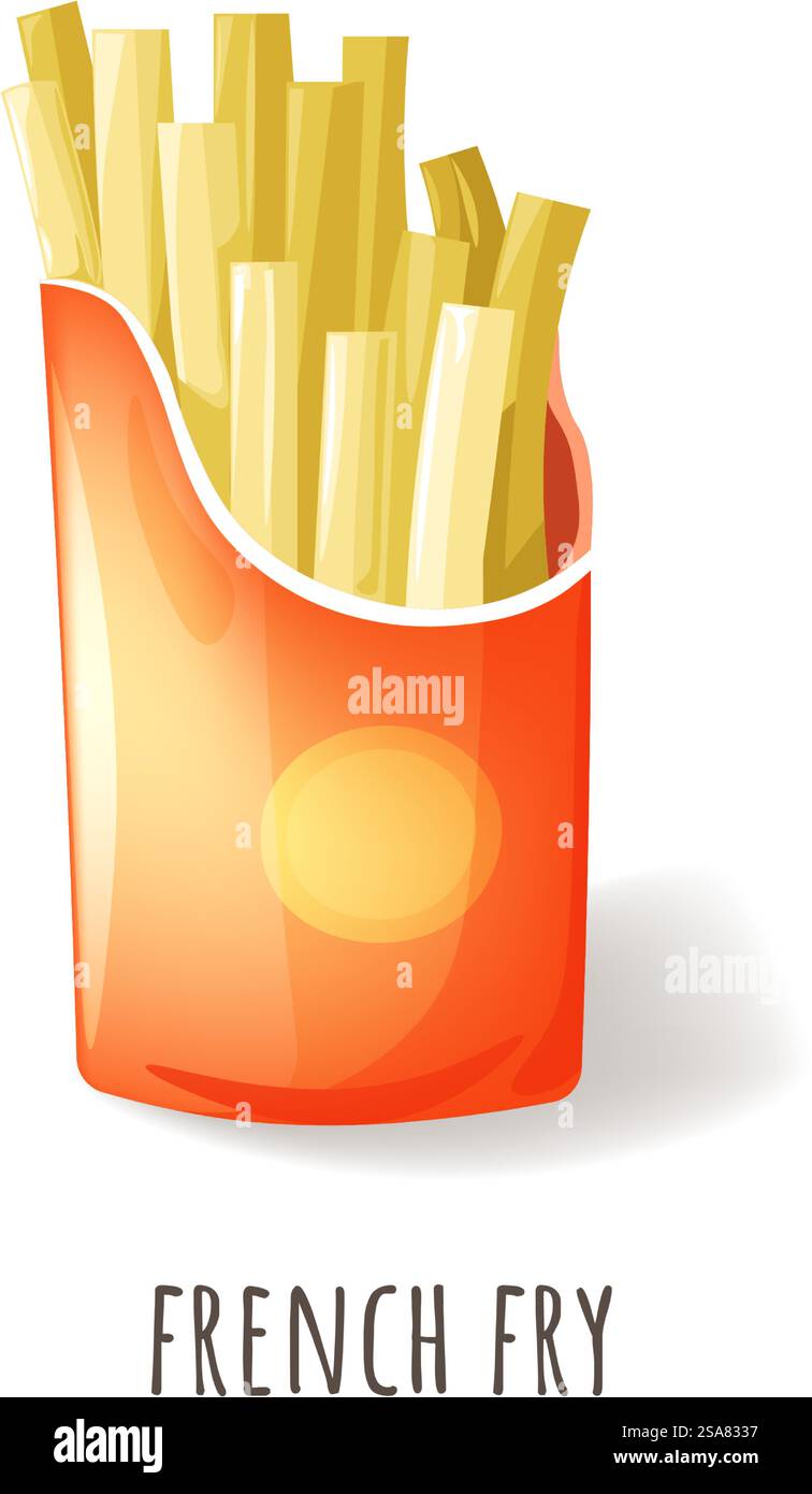 Spuntino croccante ricco di carboidrati, grassi e calorie, frittura francese. Confezione isolata di cartone con strisce sottili di patate dorate, fritte fino a ottenere una croccante. Popolare fast food. Vettore in stile piatto. Frittura francese, snack croccanti e popolare fast food Illustrazione Vettoriale