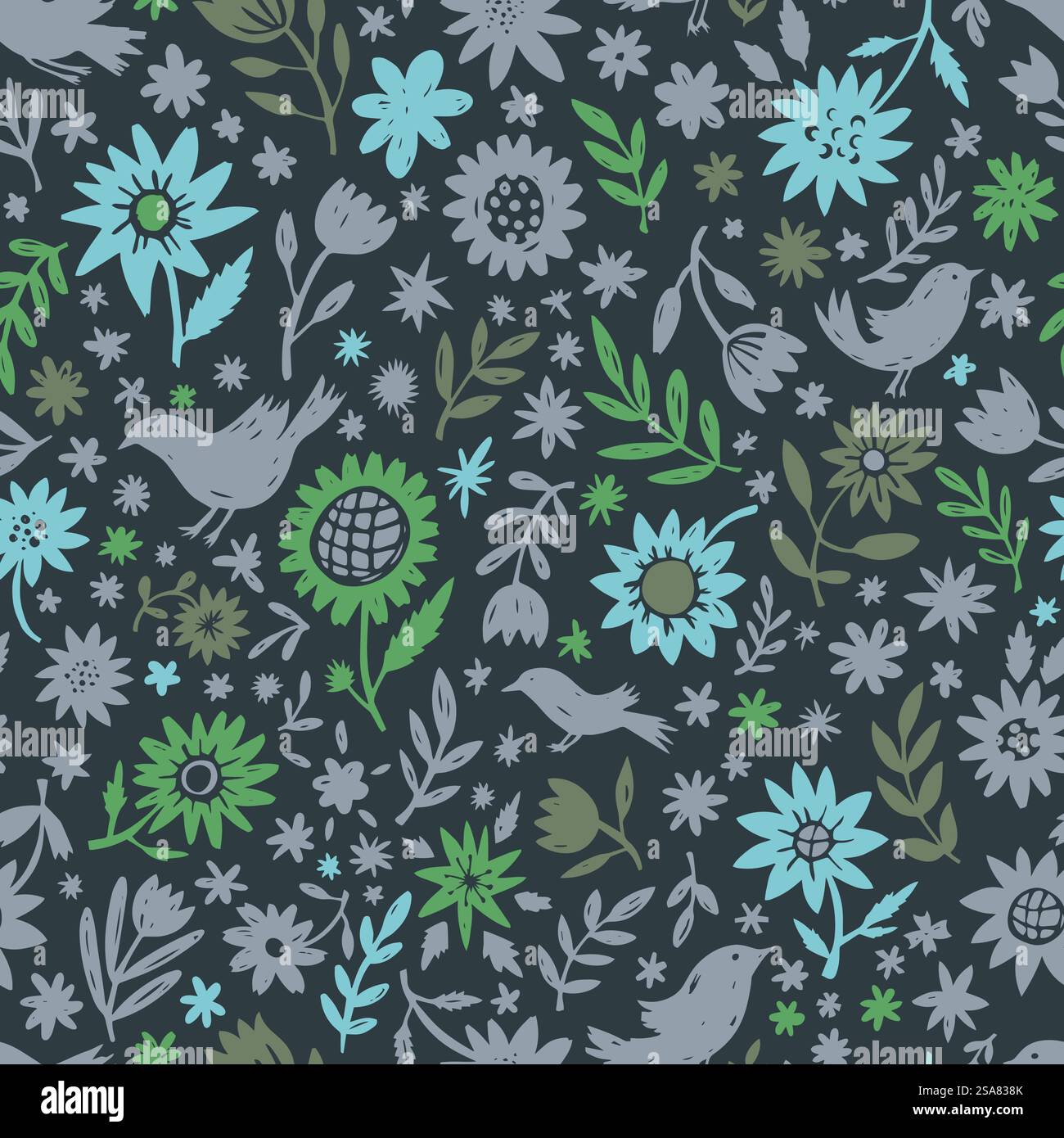 Fioritura di fiori e vegetazione in primavera o in estate, fioritura e fioritura di flora ed elementi floreali. Rametti e rami, steli e mazzi, sfondo stampato con motivi. Vettore in stile piatto. Fiori in fiore, flora in fiore e stampe botaniche Illustrazione Vettoriale
