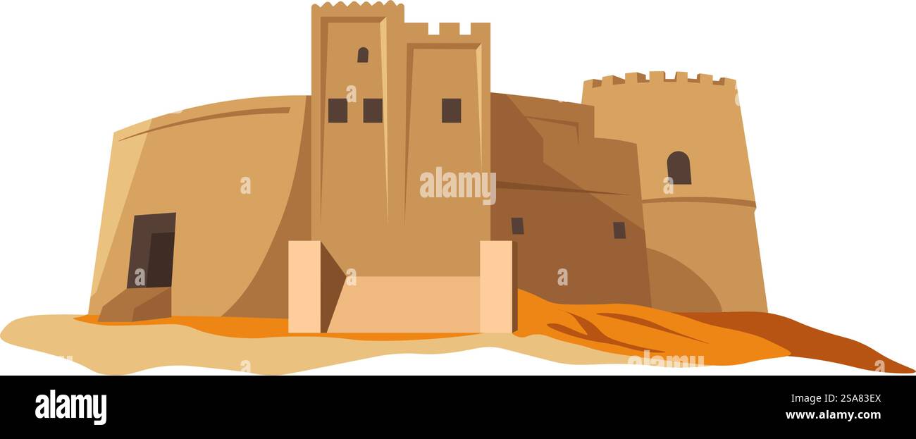 Antico punto di riferimento in città, castello isolato con torri o fortificazioni. Visite turistiche e viaggi, viaggi e vacanze. Attrazioni turistiche durante il viaggio, sito per i turisti. Vettore in stile piatto. Antico edificio fortificato o monumento storico del castello Illustrazione Vettoriale