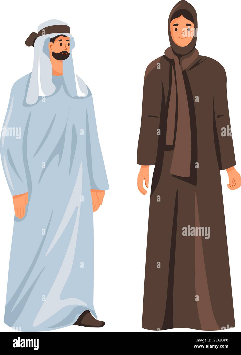 Coppia di uomini e donne che indossano abiti tradizionali, personaggi isolati maschili e femminili in abiti lunghi o abiti. Ragazza in hijab che copre testa e piedi. Barbuto in abiti. Vettore in stile piatto. Emirati Arabi Uniti uomo e donna in abiti Illustrazione Vettoriale