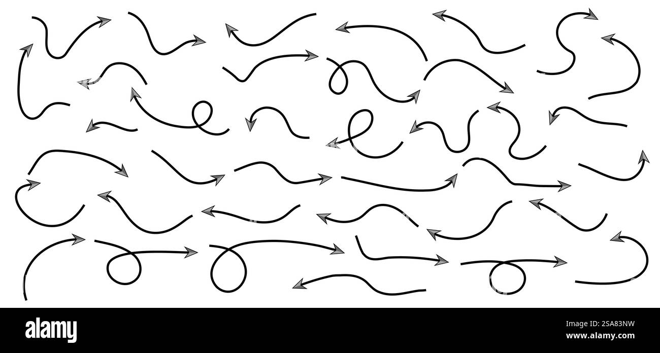 Set di icone o collezione grafica disegnata a mano con frecce Doodle. Icone del puntatore. Simboli grafici del puntatore. Disegnare la freccia per il business plan e l'istruzione. Illustrazione Vettoriale