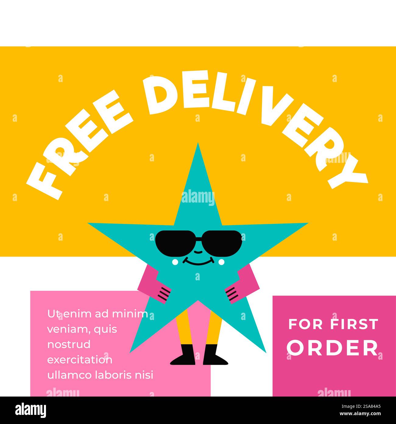 Ordina al primo tentativo e ottieni l'offerta di consegna gratuita dal negozio o dal negozio. Prodotti e merci con riduzione, offerta speciale dal centro commerciale. Banner promozionale, pubblicità e promozioni. Vettore negli stili piatti. Consegna gratuita per il primo ordine, banner promozionale Illustrazione Vettoriale