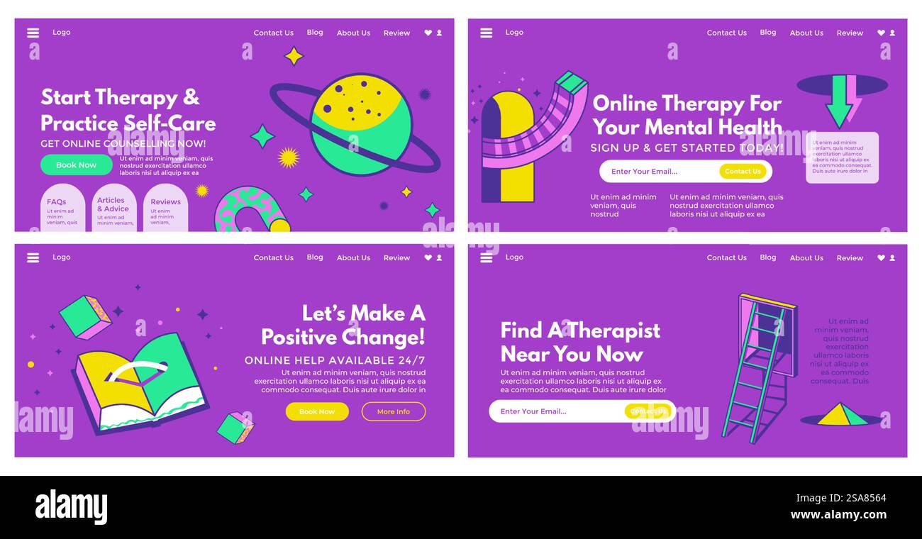 Banner Web impostato per la pubblicità dei servizi per terapisti. Elemento astratto piatto nella raccolta di landing page, illustrazione vettoriale. Offerta di trattamento di salute mentale al design del sito web. Banner Web impostato per la pubblicità dei servizi per terapisti Illustrazione Vettoriale