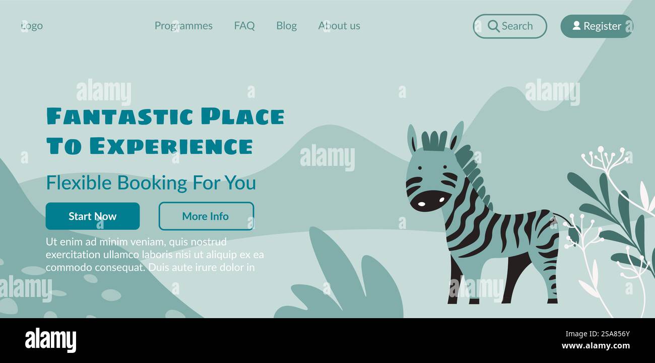 Prenotazione flessibile per il parco naturale o lo zoo, luogo fantastico da vivere. Zebra in habitat con flora e fauna della regione. Pagina di destinazione del sito Web, modello del sito Internet. Vettore in stile piatto. Prenota il biglietto per il parco naturale o lo zoo, pagina del sito Web Illustrazione Vettoriale