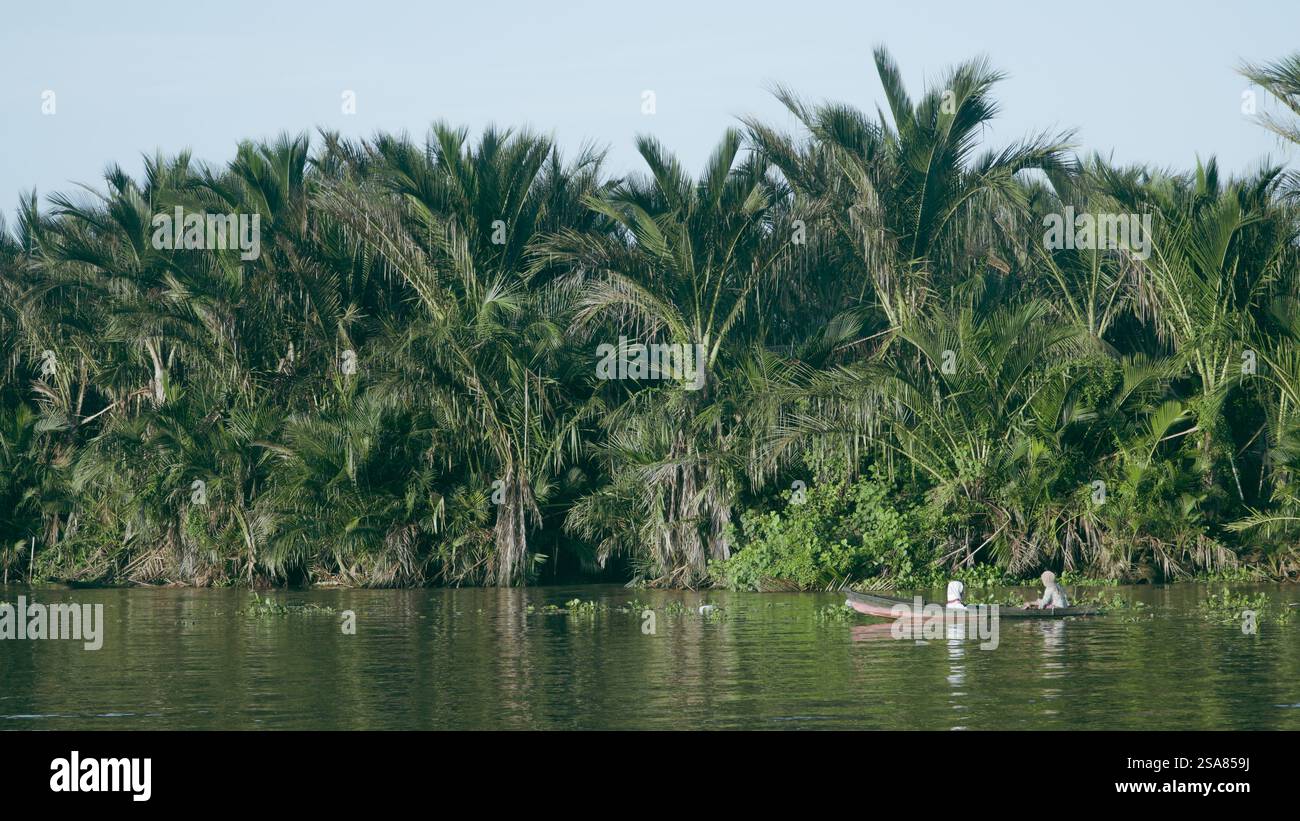 Un tradizionale legno con due passeggeri che navigano attraverso le lussureggianti rive verdi di un fiume a Banjarmasin, che mostra la vita quotidiana e il trasporto Foto Stock