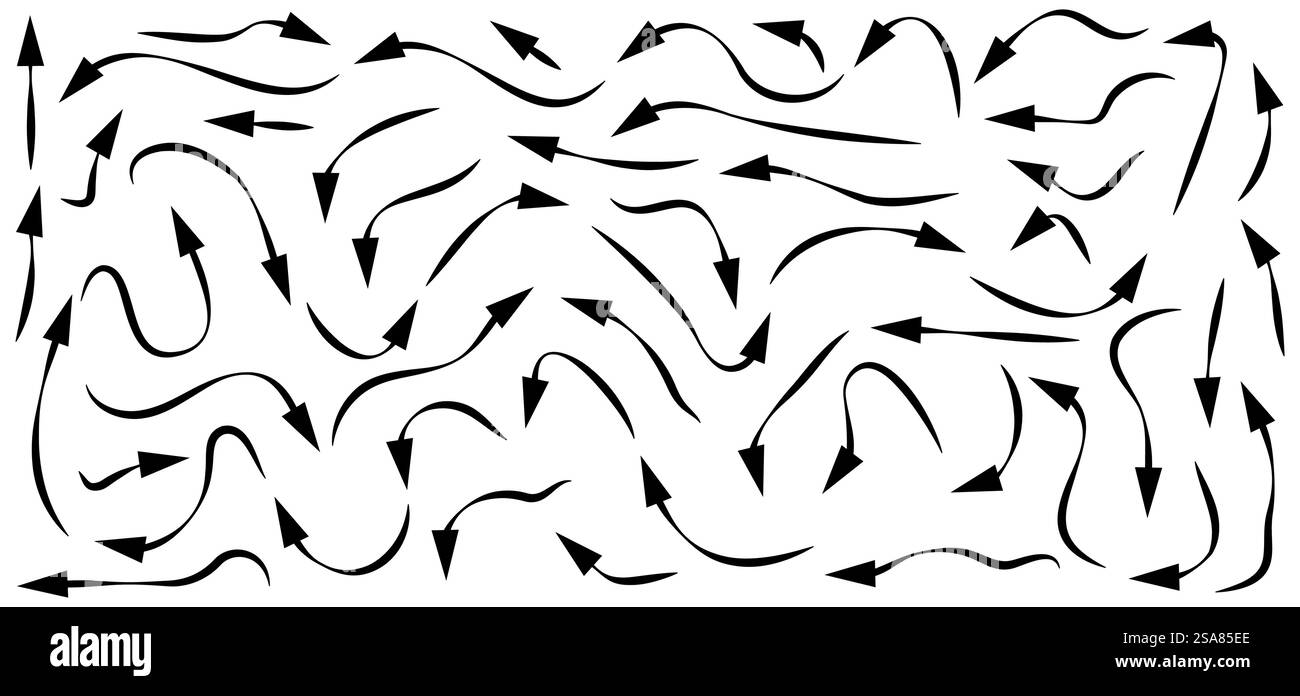 Set di icone o collezione grafica disegnata a mano con frecce Doodle. Icone del puntatore. Simboli grafici del puntatore. Disegnare la freccia per il business plan e l'istruzione. Illustrazione Vettoriale