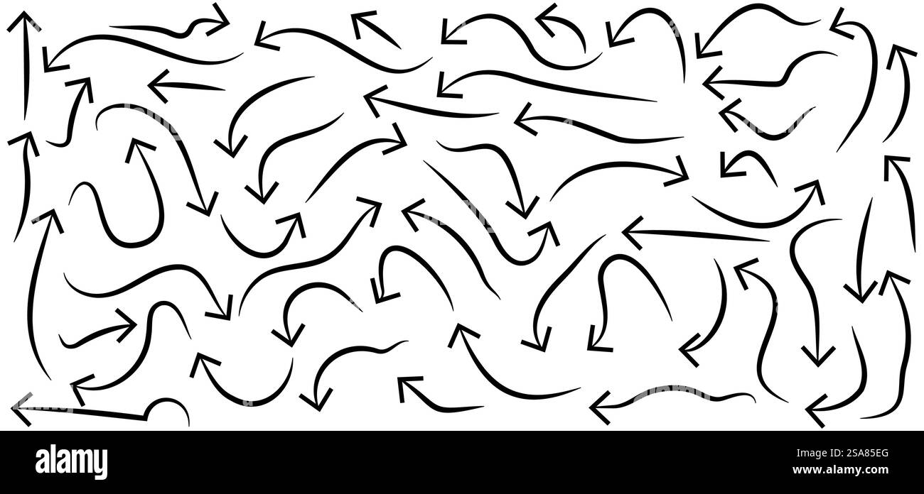 Set di icone o collezione grafica disegnata a mano con frecce Doodle. Icone del puntatore. Simboli grafici del puntatore. Disegnare la freccia per il business plan e l'istruzione. Illustrazione Vettoriale