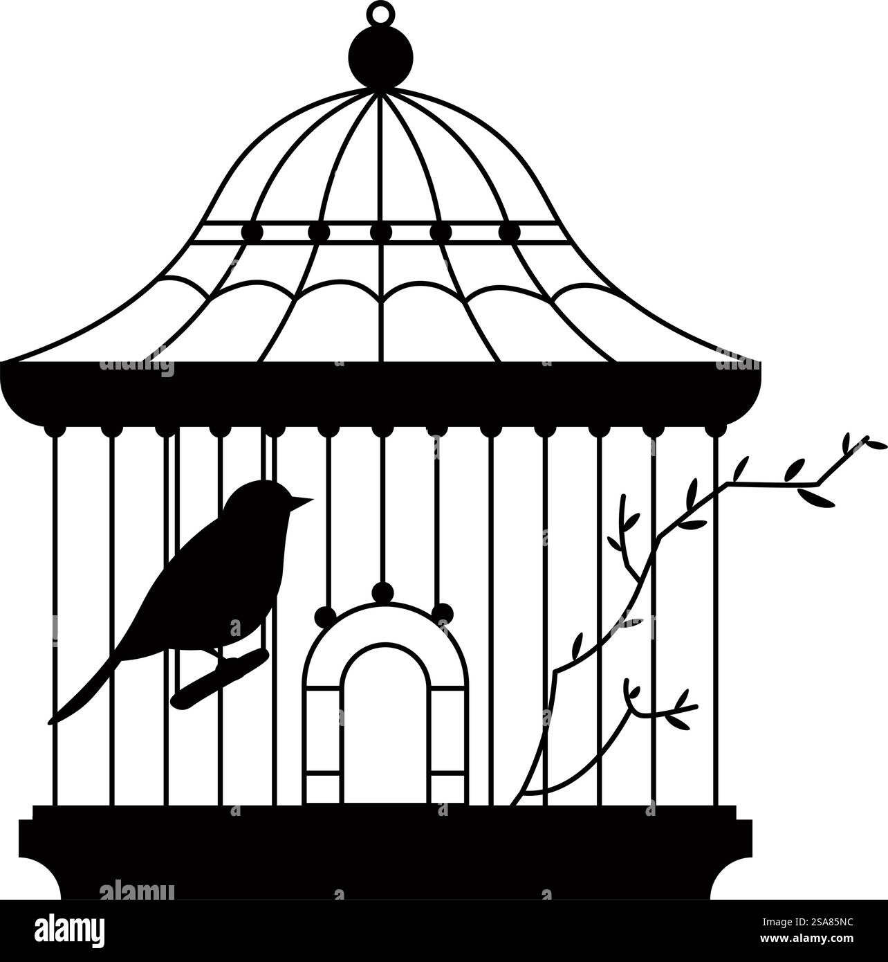 Sagoma di piccolo uccello in gabbia con vortici e rami di albero o pianta. Animale aviario isolato nello zoo o nel negozio di animali domestici. Contenitore con barre per uccelli, pappagalli o specie esotiche. Vettore in stile piatto. Gabbia d'epoca con animale aviario, uccello piccolo Illustrazione Vettoriale