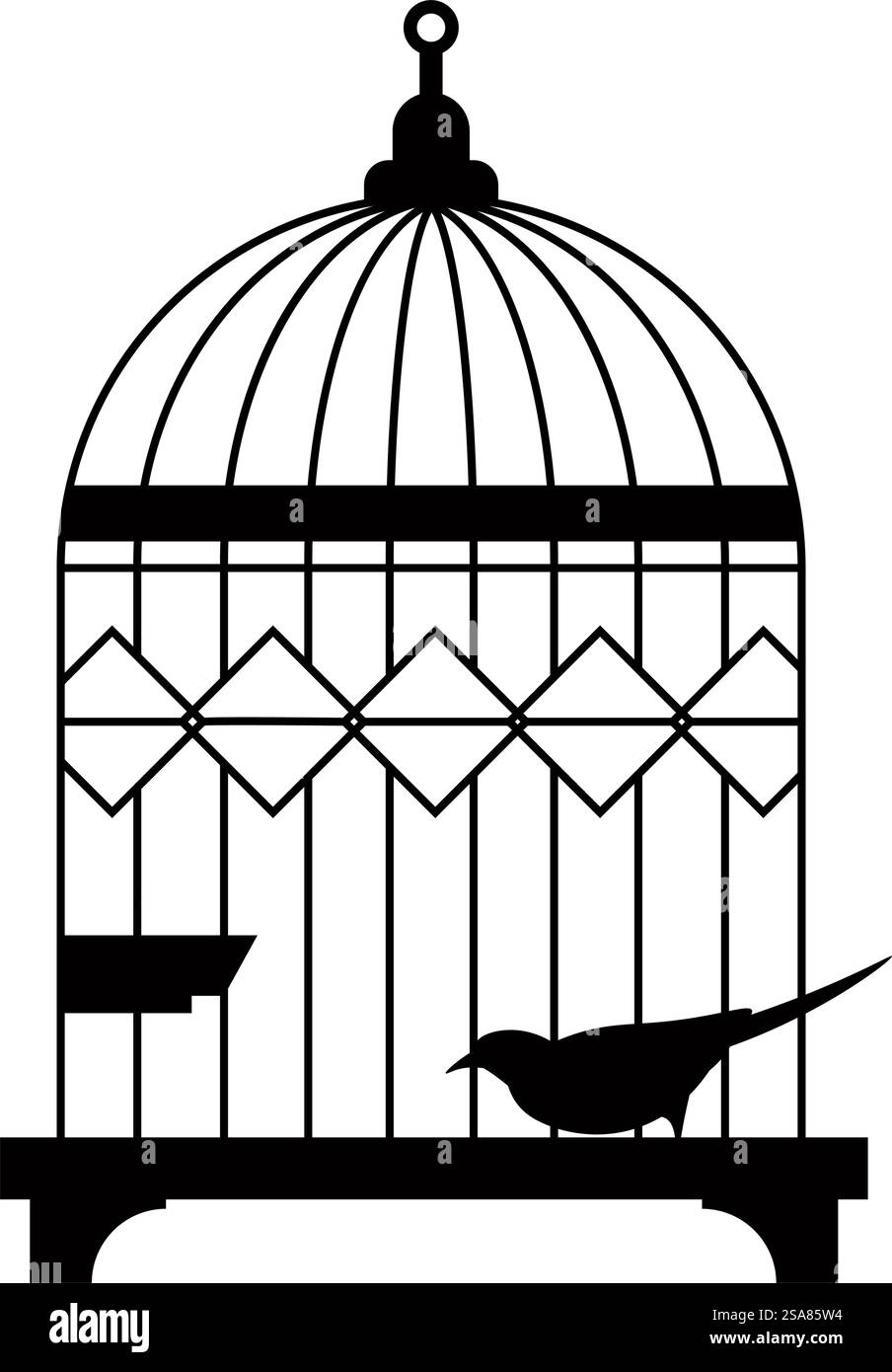 Sagoma di animale avicolo seduta in una gabbia di metallo. Uccello o pappagallo in gabbia isolato con coda lunga e okumage morbido. Portaerei vintage per uccelli, zoo o negozio con animali domestici da acquistare. Vettore in stile piatto. Uccello in gabbia in metallo, silhouette di animale aviario Illustrazione Vettoriale